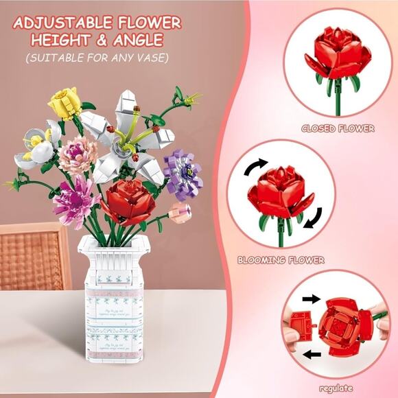 730 Piece Block Flowers Bouquet Building Set, 10 Artificial Flowers, with Vase - Picture 3 of 5
